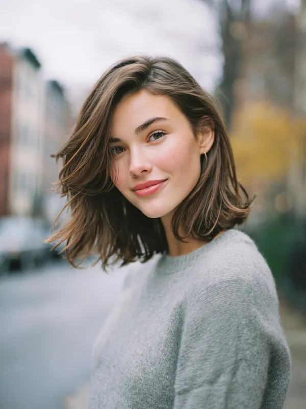 Original photo of a woman in a grey sweater on a city street