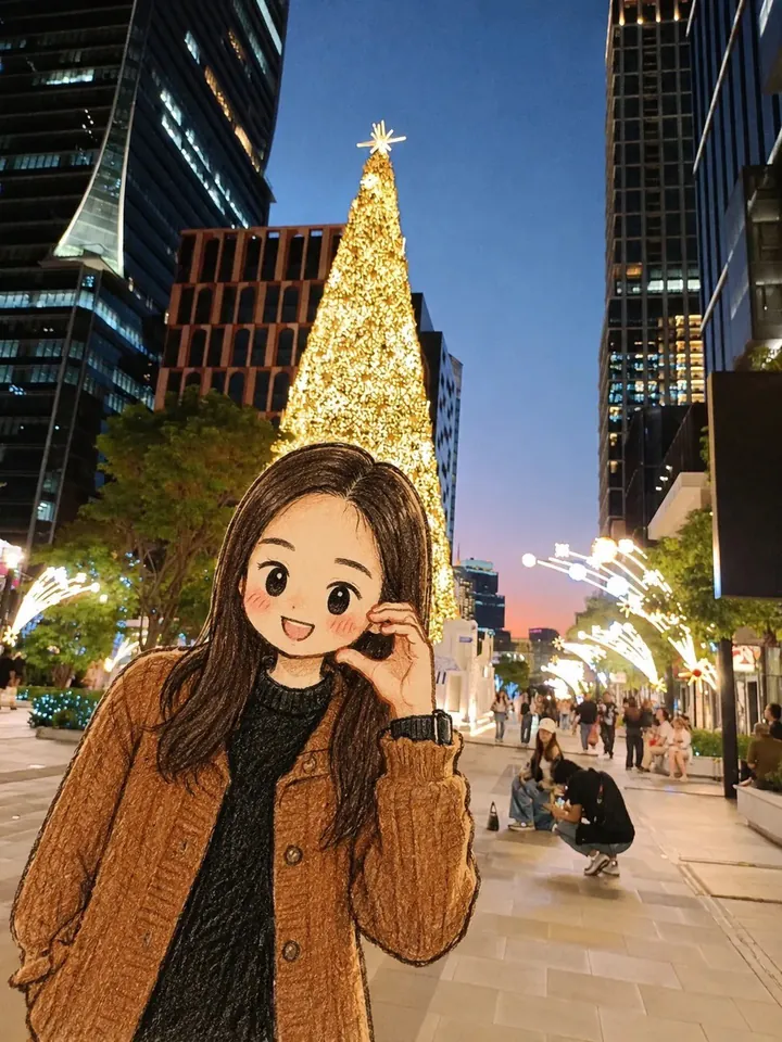 Anime-style girl drawn over a real city street with a giant glowing Christmas tree