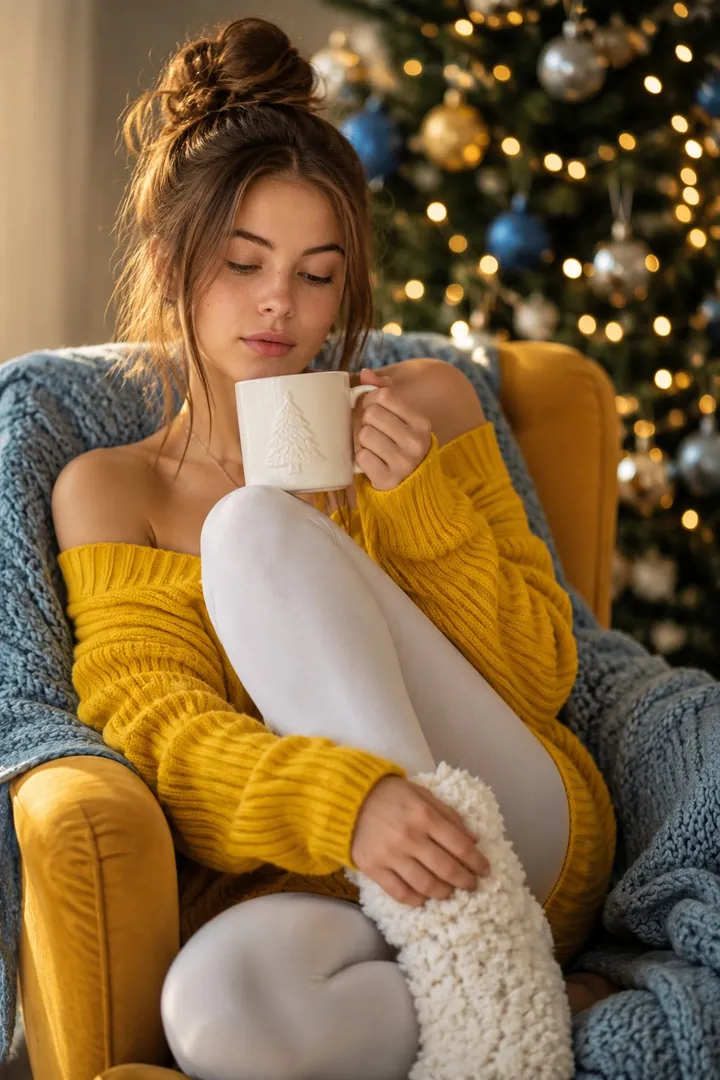 Woman in a yellow sweater curled up in a yellow armchair, holding a Christmas mug in front of a lit tree