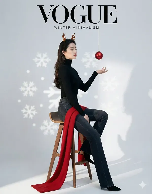 Minimal magazine cover of a woman in a black turtleneck and red scarf, wearing reindeer antlers