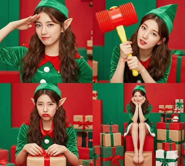 Four-panel collage of a woman in a green elf costume in a red and green Christmas workshop
