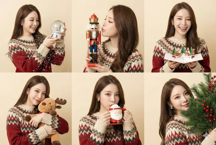 Six-photo collage of a woman in a Fair Isle sweater with a snow globe, a nutcracker, a reindeer toy, and a cocoa mug