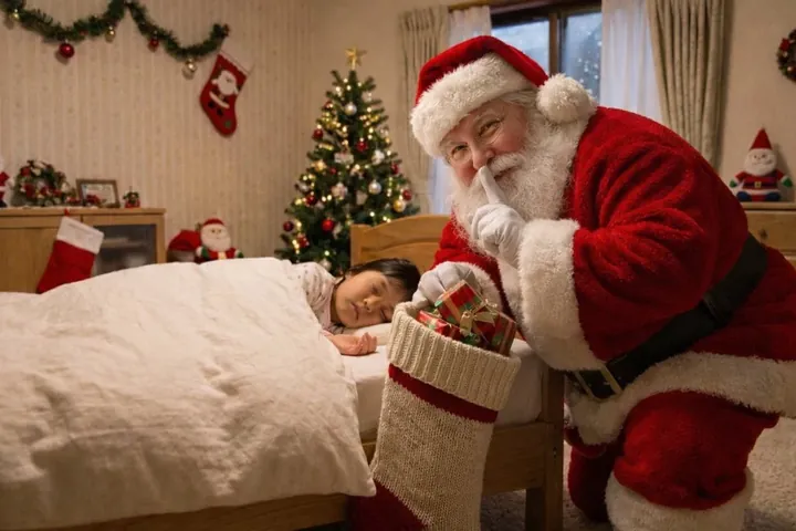 Santa Claus making a shh gesture while filling a stocking next to a sleeping child