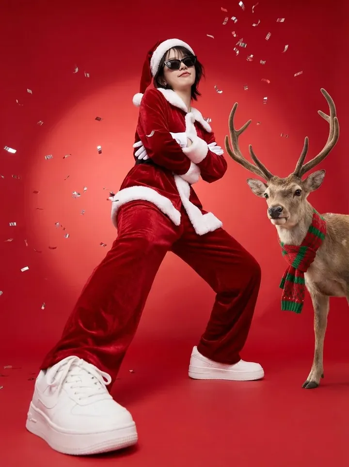 Woman in a red velvet Santa suit and sunglasses posing next to a reindeer on a red backdrop