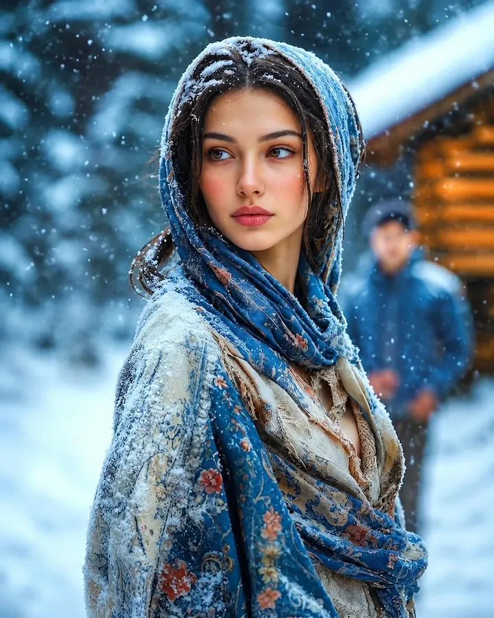 Woman in a blue floral shawl dusted with snow in a snowy village with a wooden cabin