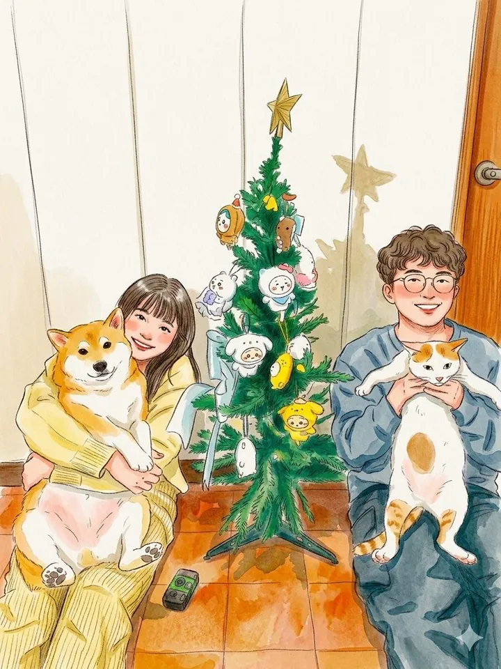 Watercolor illustration of a girl hugging a Shiba Inu and a boy holding a cat beside a small Christmas tree