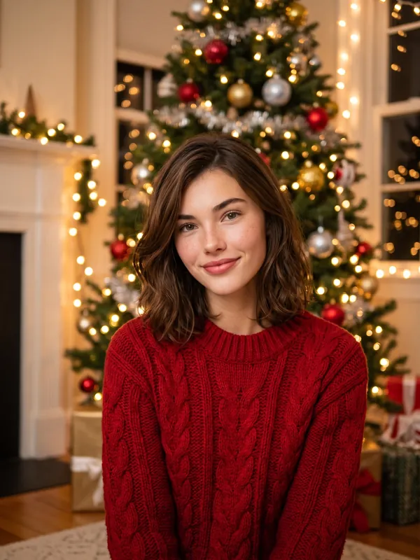 AI Christmas photo of the same woman in a red sweater by a Christmas tree