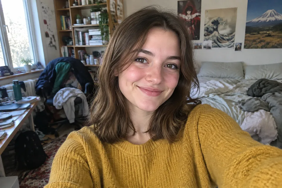 A selfie in a messy bedroom.