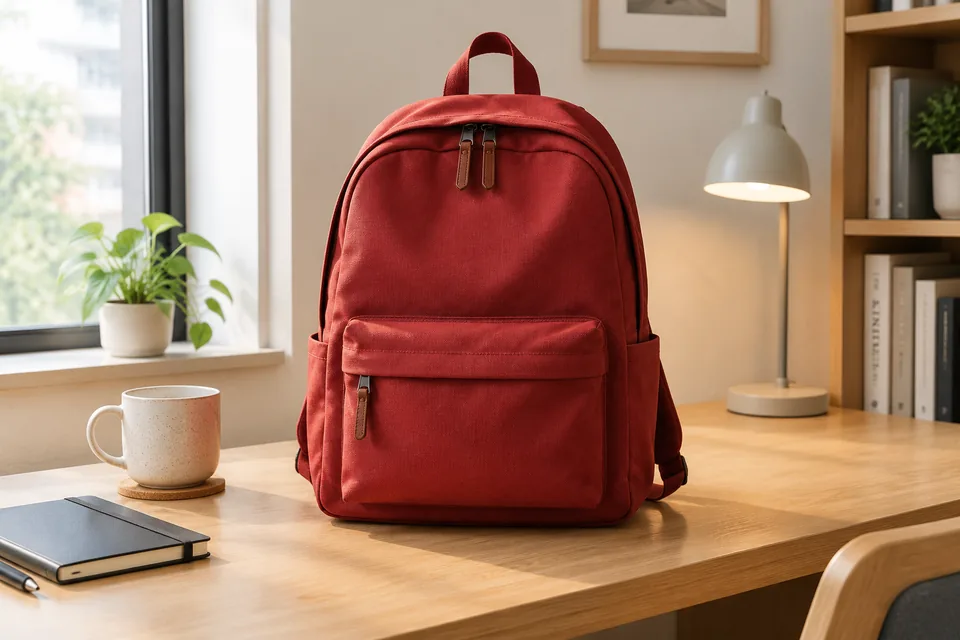 A red backpack on a desk.
