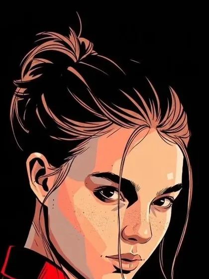 Portrait redrawn in a bold red and black comic book style