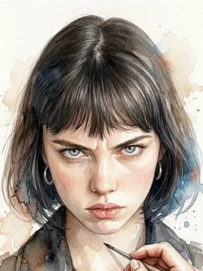 Portrait turned into a loose watercolor painting with a brush in hand
